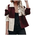 thumbnail image 1 of IROINID Veste Courte en Shearling pour Femmes, Col Rabattu, Couleur Contrastée, Manches Longues, Manteau Décontracté Chaud, Veste d'Hiver à Boutons, Patchwork, Vin, 1 of 6