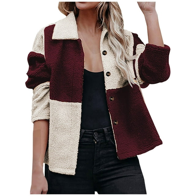 CEHVOM Fashion Womens Warm Faux Coat Jacket WinterButton Patchwork Long Sleeve Outerwear Clearance