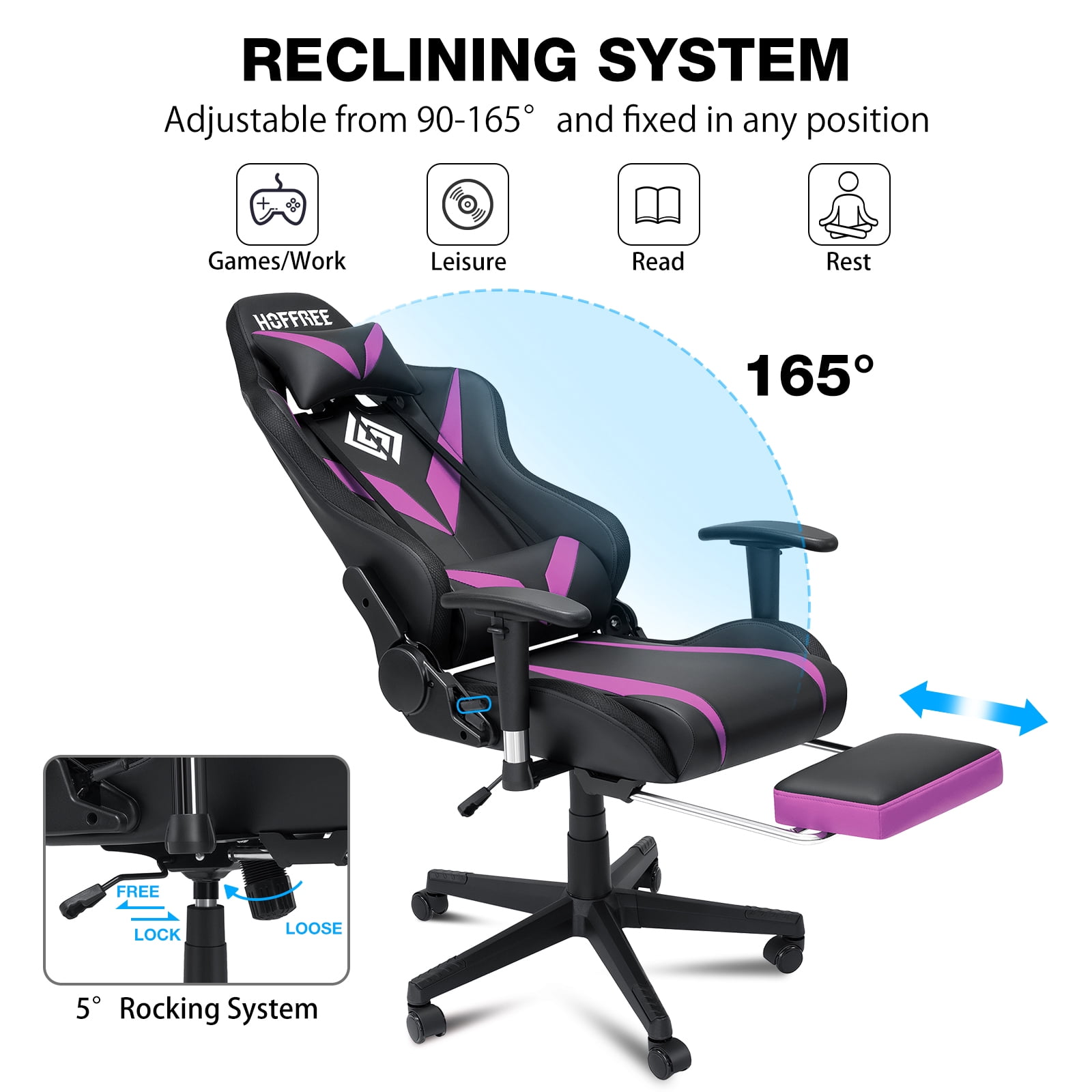 Hoffree Gaming Chair with Speakers Gamer Chair with Footrest and Massage Reclining Video Game Chair with Led Lights and Swivel Seat and Headrest and 2D Armrests for Adults
