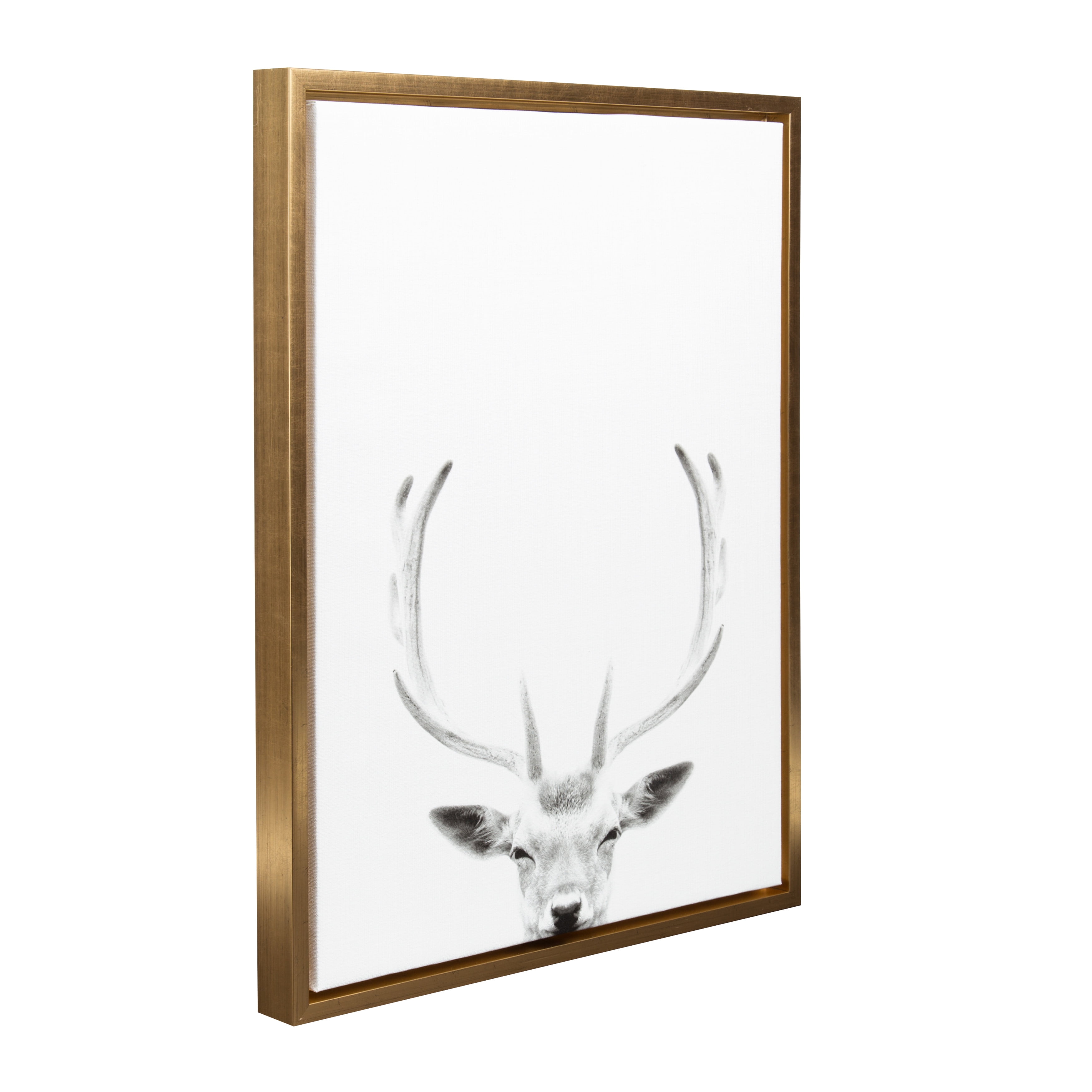 Kate and Laurel Sylvie Deer with Antlers Black and White Portrait Framed Canvas Wall Art by Simon Te Tai, 18x24 Gold