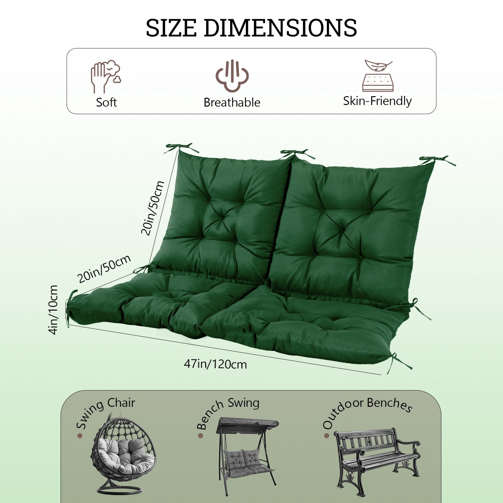 Outdoor Bench Cushion Matalde Swing Chair Cushion Waterproof with 8 Nonslip Ties, Dark Green 120cm*100cm