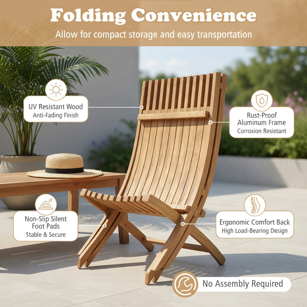 Hommoo Folding Teak Wood Outdoor Lounge Chair, Ergonomic Slatted Design, Compact Foldable for Patio, Backyard & Fire Pit Use, Natural