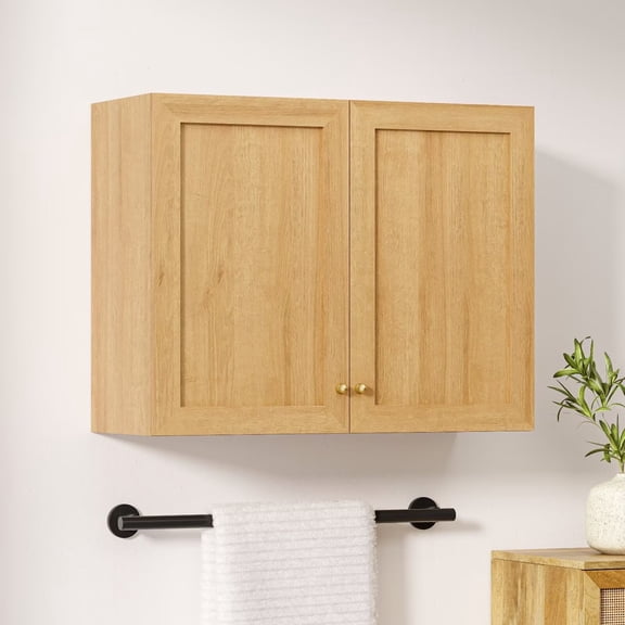 EYYTHUNG Laundry Wall Cabinets, Farmhouse Wood Storage Cabinet with Doors and Adjustable Shelf Wall Mounted Cabinets, Natural Oak