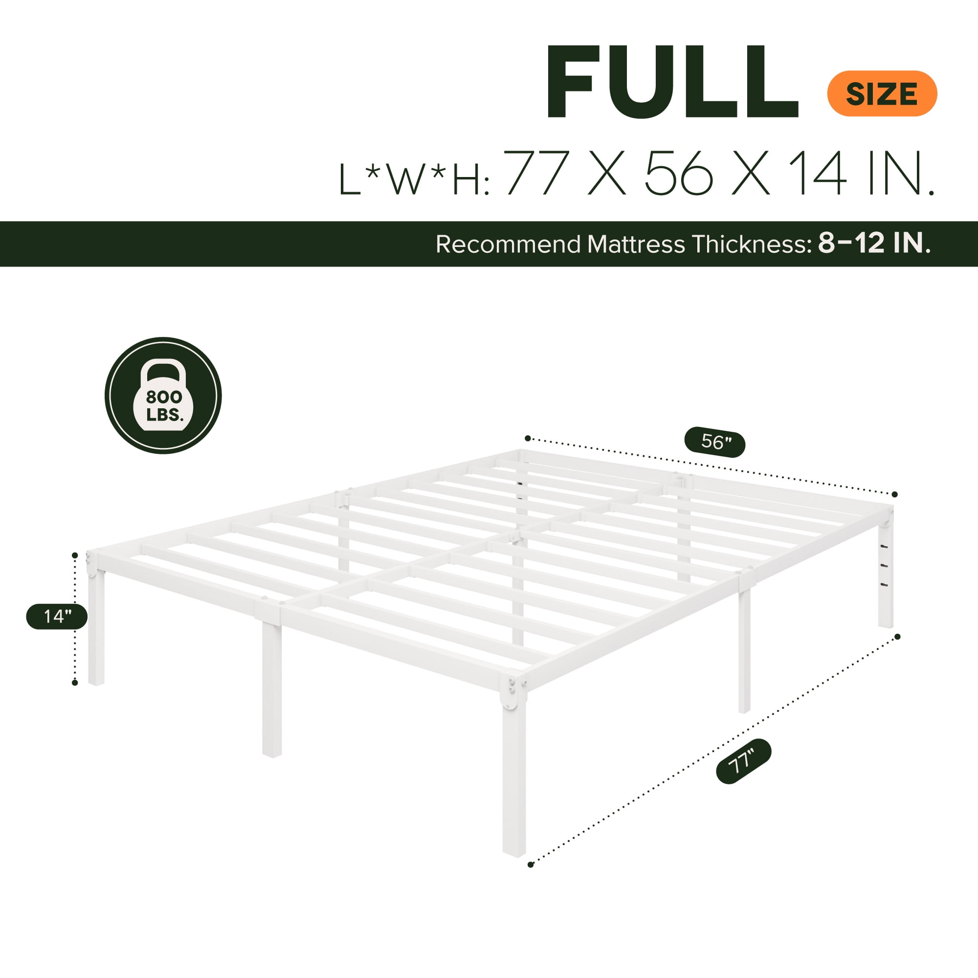 Einfach Full Bed Frame, Heavy Duty Metal Platform Bed with Ample Under-bed Storage Space, No Box Spring Needed, White