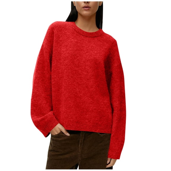 Womens Long Sleeve Sweaters Fall Classic Crewneck Casual Sweater Soft Knit Jumpers Pullover Basic Tops Red, M