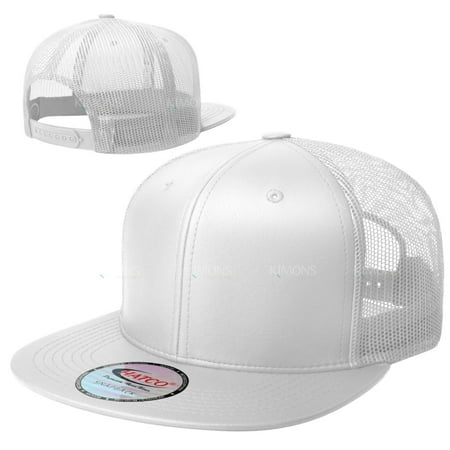 

Leather Snapback Hat Hip Hop Baseball Cap Trucker Mesh Solid Plain Flat Bill Men Mesh - White