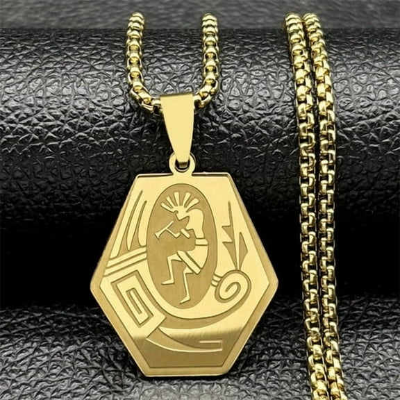 Kokopelli Fertility God Necklace for Women Men 14K Yellow Gold Indian Native Coarse Flute Player Chain Jewelry