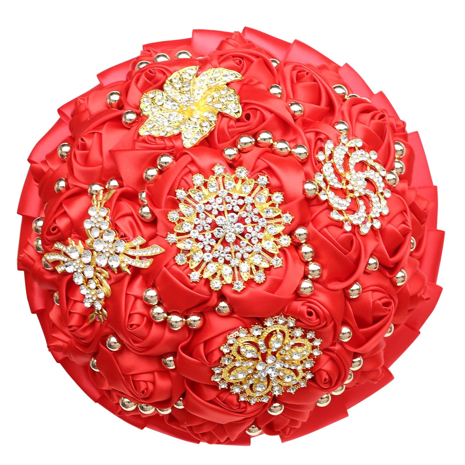 Bridal Wedding Bouquet with Diamond Pearl Ribbon - Handmade Satin Rose Round Bouquet for Bride, Bridesmaid, Valentine's Day, Quinceanera & Toss Ceremony (Red,11"x9.5")