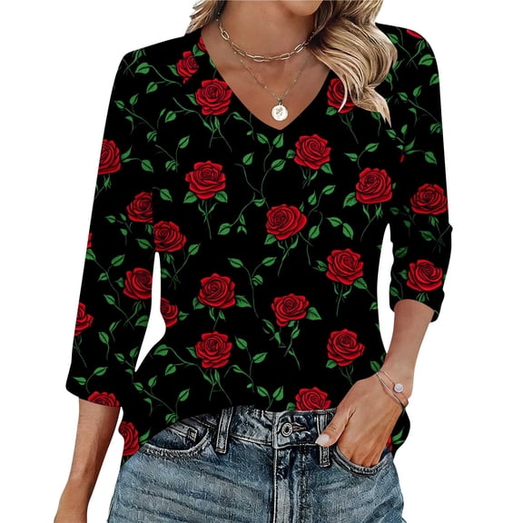 Ounisa Womens 3/4 Sleeve T Shirts V Neck Raglan Sleeve Pullover All Over Print Casual Trendy Spring Summer Fashion Tops S-2XL