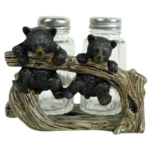 De Leon Collections 13716 Polyresin Woodland Black Bear Cub Playing on Branch Rustic Forest Salt and Pepper Shaker Holder Set