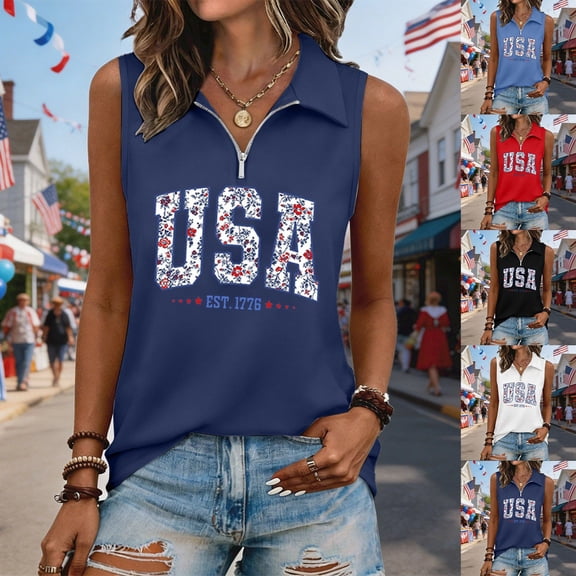 CAIXIA 4Th Of July Shirts Women Summer Sleeveless Tank Tops Zipper V Neck Ribbed Dressy Casual Blouses America 250 Flag Loose Business Polo Shirts
