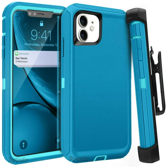 Case Cover with Screen & Clip fit Otterbox Defender for iphone 11 Teal on Light Blue