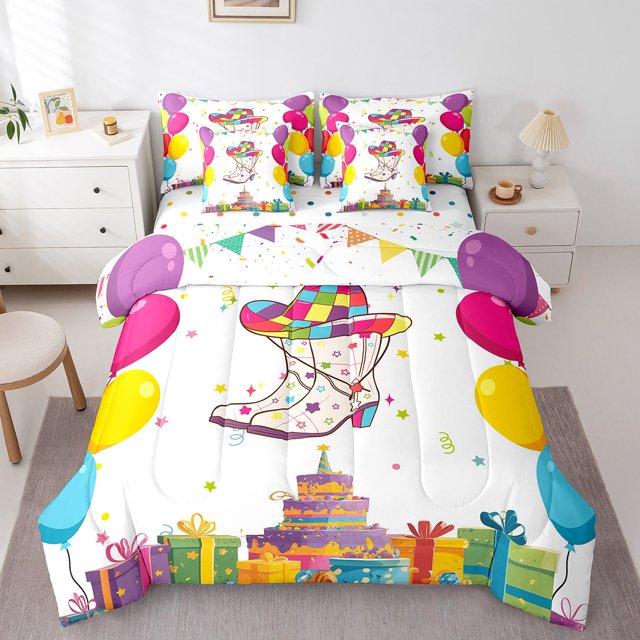 7Pcs Western Bedding Colorful Party Decorations Comforter Set Queen, Cowboy Western Decor Bedding Colorful Balloons Comforter + Flat Sheet + Fitted Sheet + 2 Pillowcases + 2 Throw Pillow Covers
