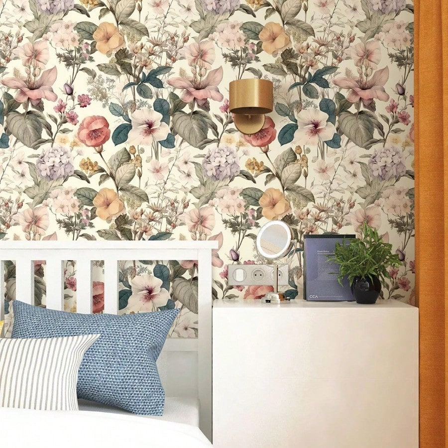 Jeweluck Floral Wallpaper Peel and Stick Vintage Floral Contact Paper Peel and Stick 16.9 x393.7 Poppy Flower Wallpaper Boho Leaf Removable Self Adhesive Wall Paper for Cabinets Bedroom Decorative