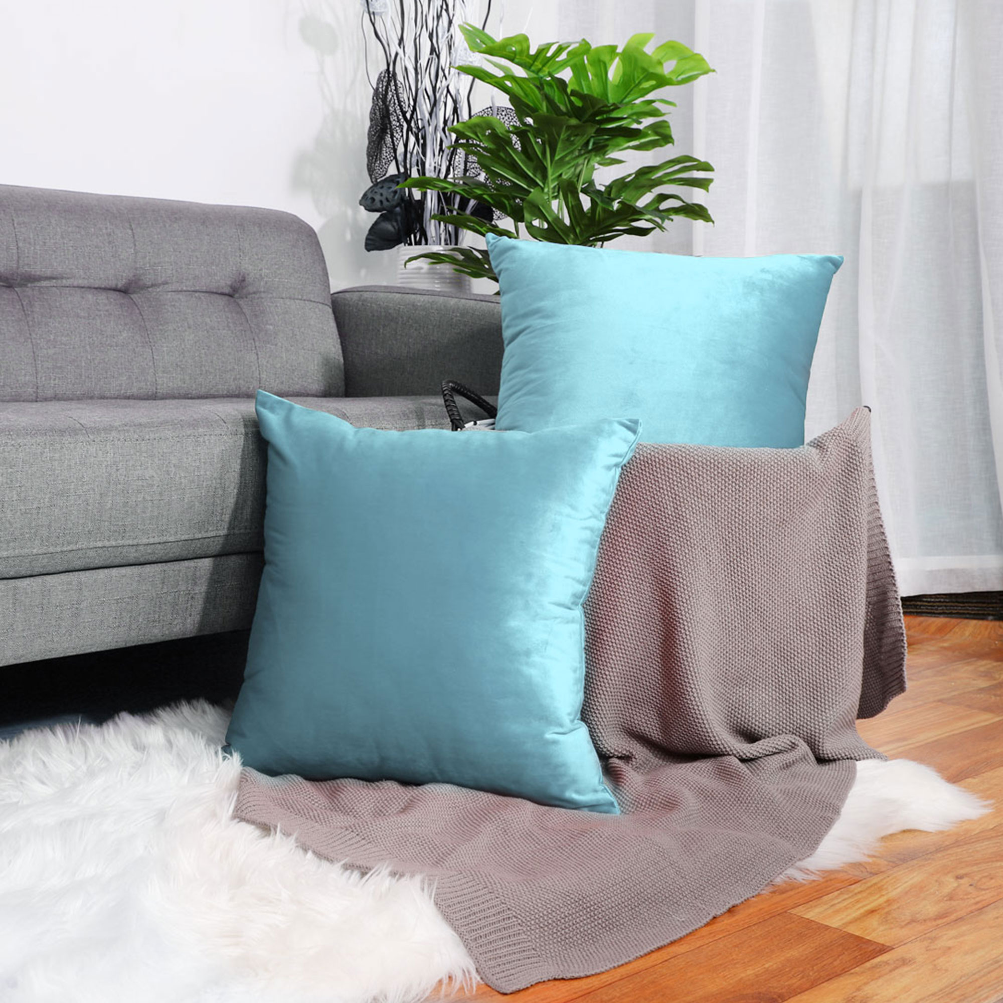 PiccoCasa Velvet Fleece Square Soft Throw Cushion Covers 18"x18", Blue