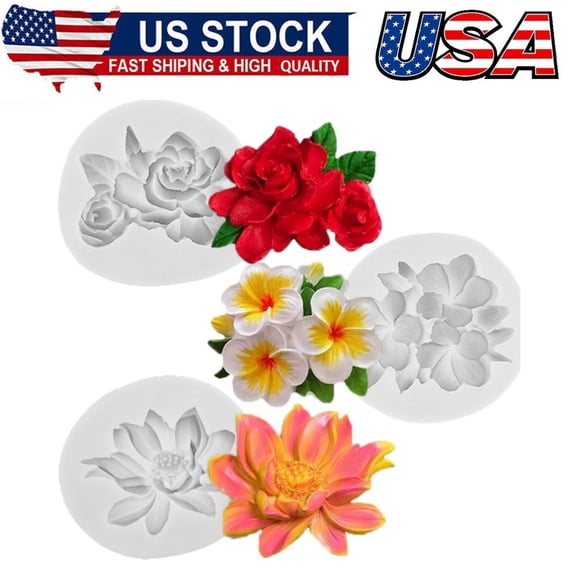 3 pcs Flower Silicone Molds, Hibiscus Plumeria Rose Flower Fondant Silicone Molds,For Sugarcraft, Cupcake Toppers, Soap, Polymer Clay,Crafting Projects，Wedding and Birthday Cake Decoration