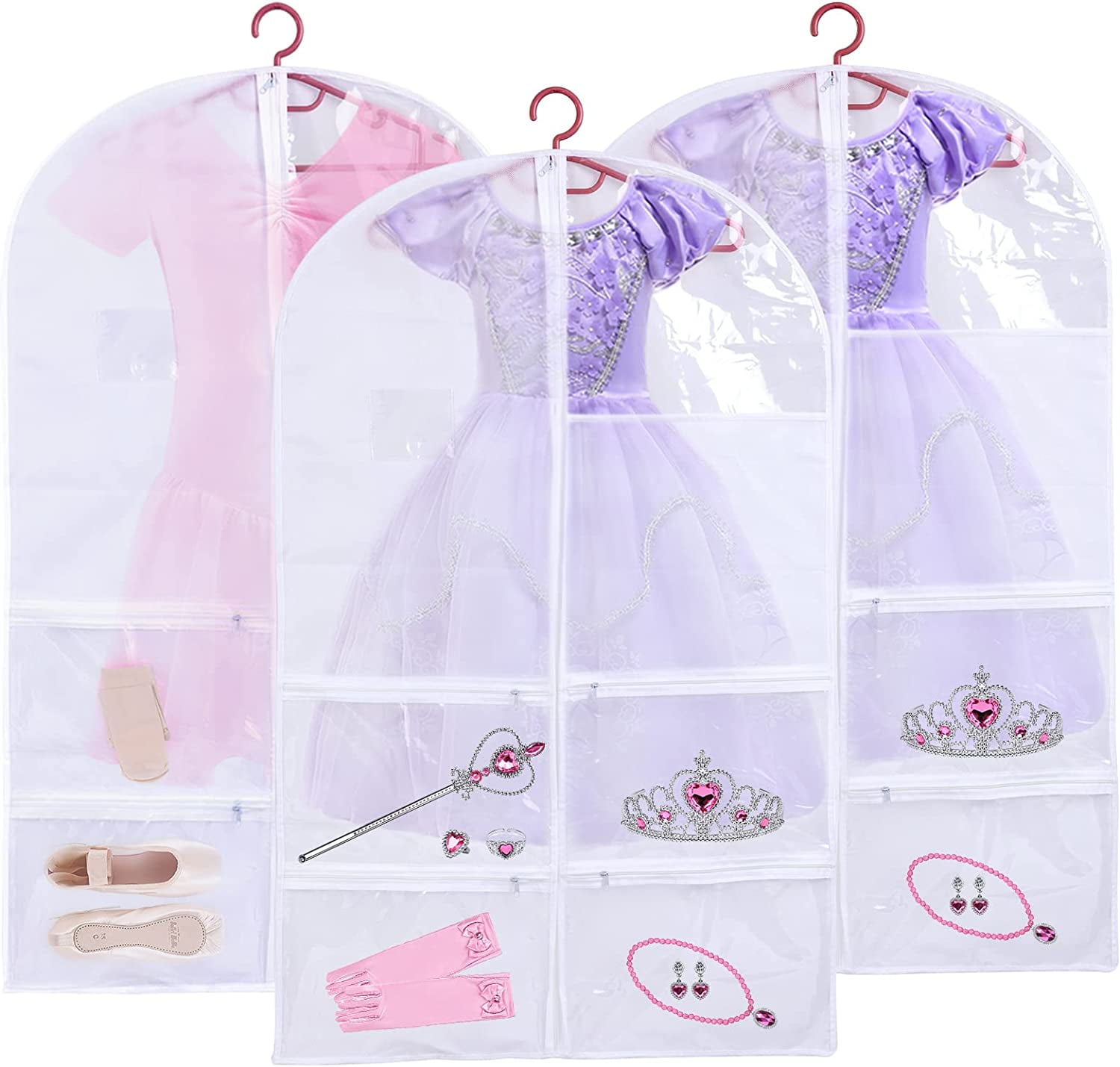 3 Pack Kids Garment Bags for Dance Costumes, Hanging Dance Garment Bag