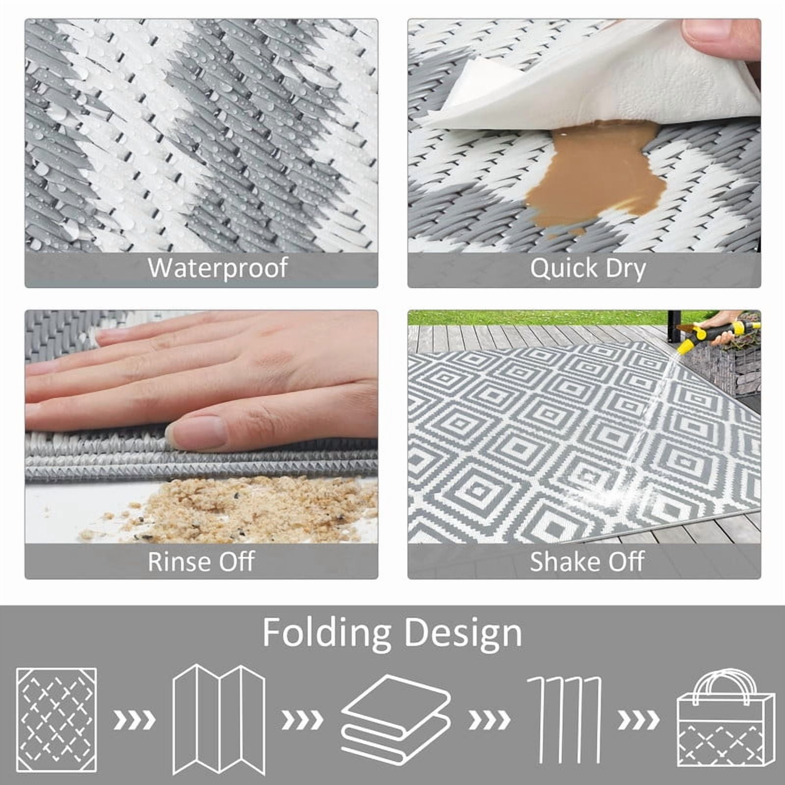 Aonewoe Outdoor Rug 8x10 Waterproof Reversible Camping Rug Patio Rug Plastic Straw Rug Outside Indoor Outdoor Area Rug for Patio Deck Balcony Picnic Beach, Gray & White