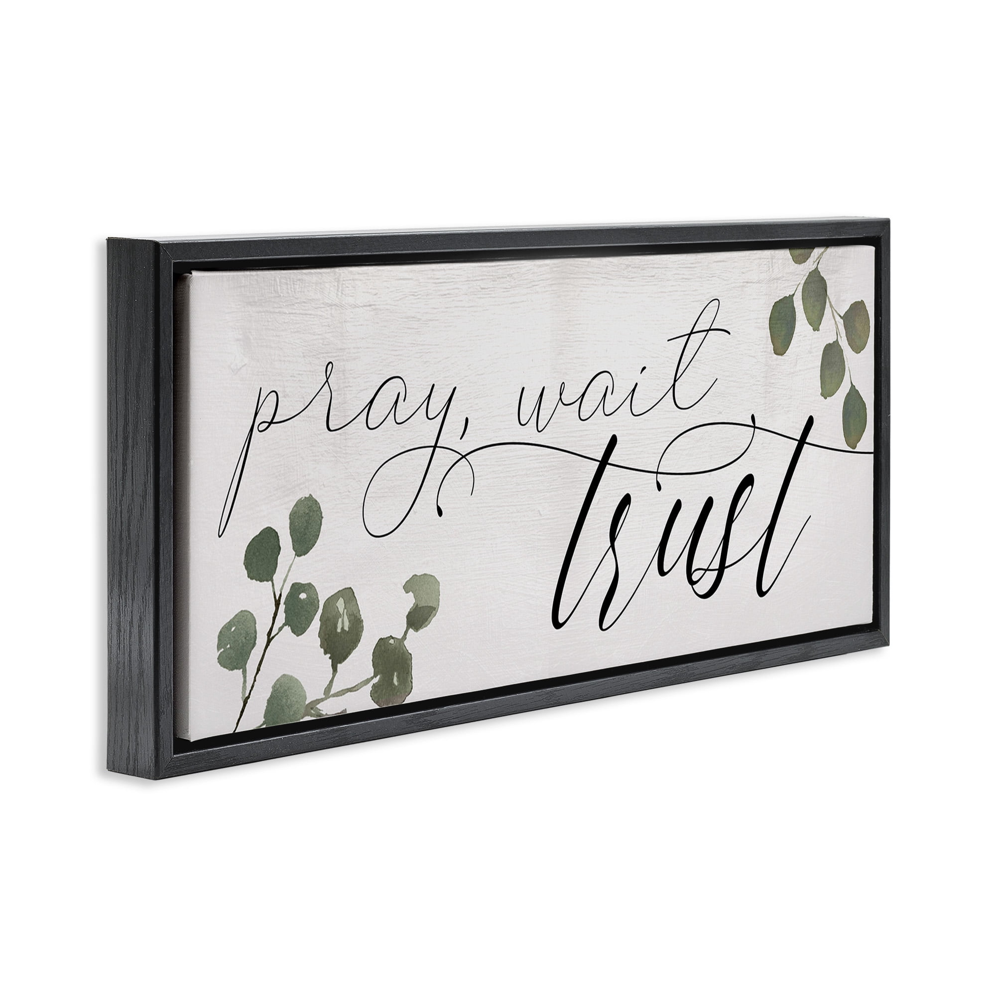 Stupell Industries Pray Wait Trust Phrase Religious Painting Black Floater Framed Canvas Art Print Wall Art, 31 x 14