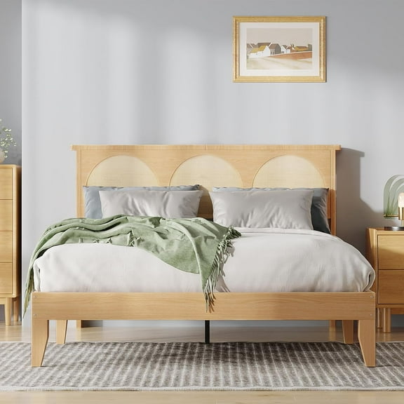 Senfot Queen Size Boho Rattan Bed Frame, Wooden Bed Platform, Smart RGB LED Natural Rattan Headboard, Under Bed Storage, No Box Spring Needed, Easy Assembly Solid Wood Foundation with Silent Slats