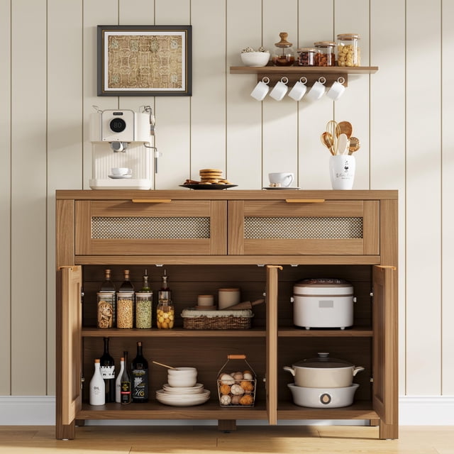51.29 Inch Rattan Sideboard Cabinet with 3 Drawers and 2 Door Storage, Boho Hand Woven Buffet Console Table with Adjustable Shelf, Farmhouse Media Cabinet for Dining Room Living Room, Light Oak Dark O