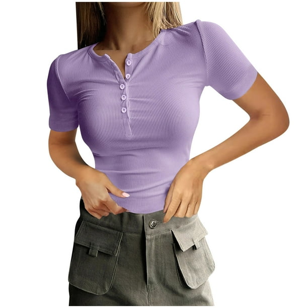 Karight Women's Summer Tops Short Sleeve Shirts Ribbed Knit Henley Button Up T Shirts Slim Fit Casual Basic Tee