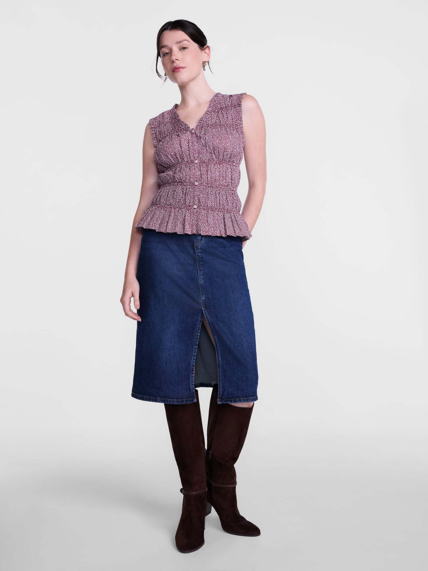 Scenario Women's Smocked Sleeveless Button Front Top, Sizes XS-XXXL