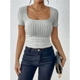thumbnail image 6 of Aojekbee Women's Summer Knit Cropped Tops Solid Color Ribbed U-Neck Short Sleeve Show Navel Knitwear, 6 of 10