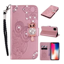 Feishell iPhone 11 Case Owl Pattern Glitter Sparkly Gems Shockproof PU Leather Wallet Cover Flip Stand Card Slots Magnetic Diamond Bling Folio Case for Apple iPhone 11, Pink