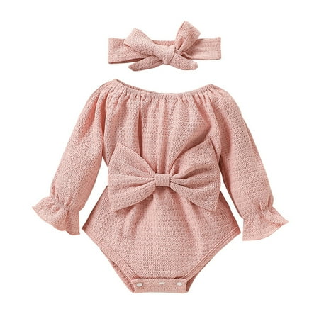 

Fsqjgq Baby Girl Dress Baby Girls Boys Cute Ribbed Knit Romper Long Sleeve O Neck Bowknot Solid Jumpsuit Headband Outfits Large Girl Cotton Spandex Pink 68