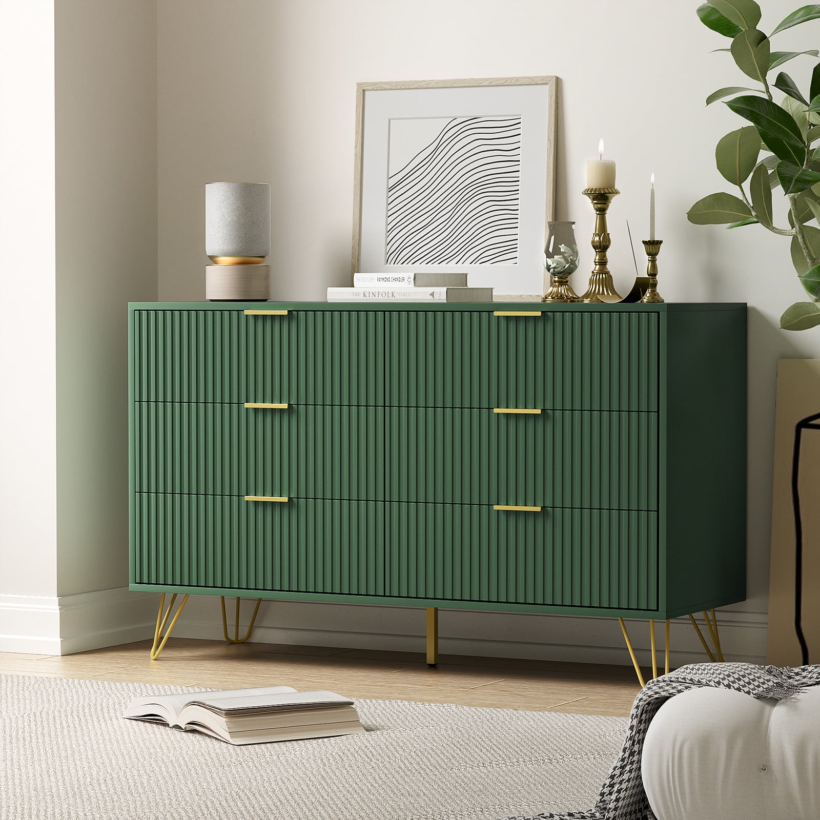 Furniway Modern 6-Drawer Dresser for Bedroom, Green, 29.5 x 15.7 x 47.2 Inches