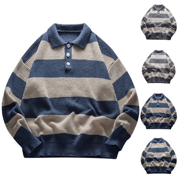 RYDCOT Men's Vintage Striped Polo Sweater Color Block Lightweight Long Sleeve Collared Knit Shirts Pullover Gray