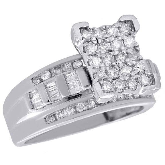 .925 Sterling Silver Round & Baguette Diamond Rectangle Engagement Ring 1 Ct.