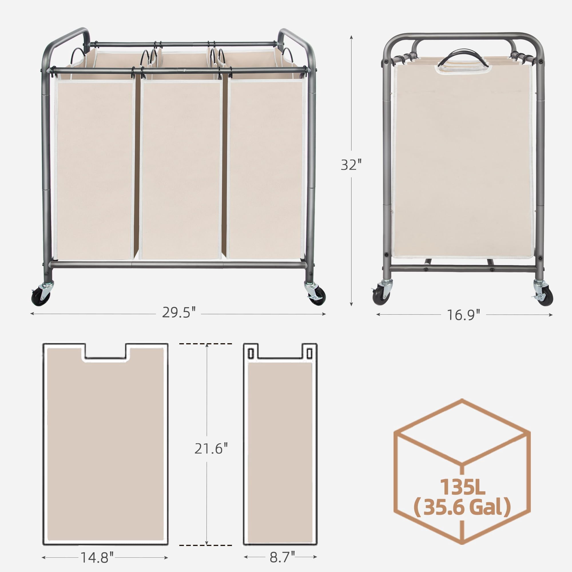 Laundry Sorter 4 Section, 47.8 Gal (181 L) Laundry Hamper with Wheels, Clothes Divider Basket Sorter, Clothes Separator Hamper Cart with Wheels and Removable Bags, Black
