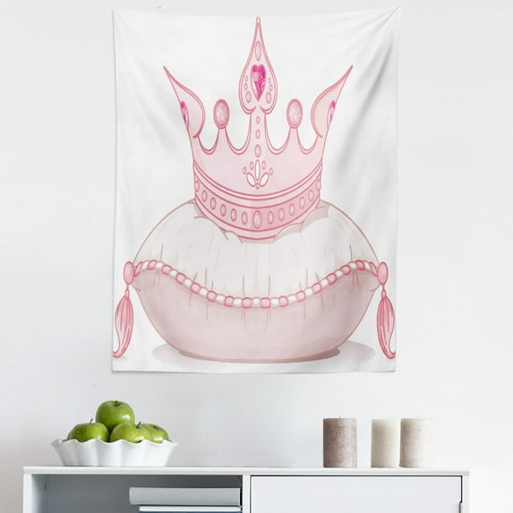 Girls Tapestry, Cartoon Style Pink Cartoon Crown on Pillow Tail Fantasy Girlish Fashion, Fabric Wall Hanging Decor for Bedroom Living Room Dorm, 5 Sizes, Pale Pink, by Ambesonne