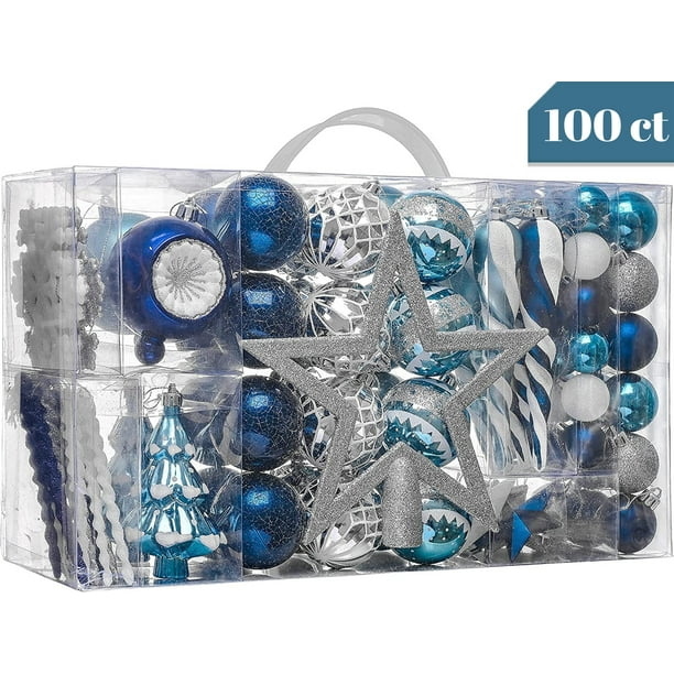Valery Madelyn 100ct Winter Wishes Silver and Blue Christmas Ball Ornaments Decor, Shatterproof Assorted Christmas Tree Ornaments, Christmas Value