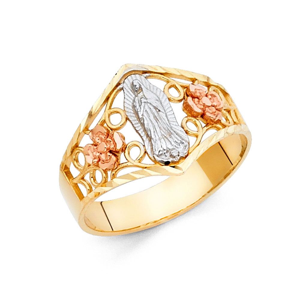 14K Tri Color Solid Gold CZ Religious Ring Ioka