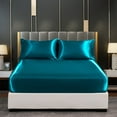 thumbnail image 2 of Queen Silk Satin Fitted Sheet, Soft Deep Pocket Sheet, Wrinkle Free, Non Fading, Breathable, Fully Elasticized, Blue Green, 2 of 5