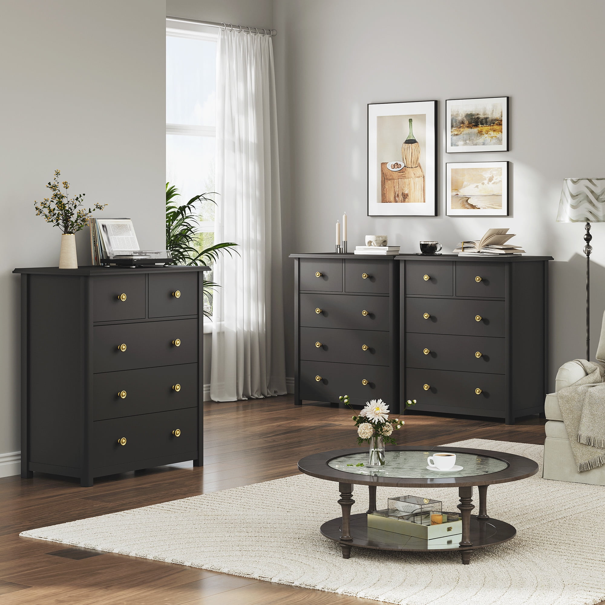 5-Drawer Wood Dresser for Bedroom,Tall Chest of Drawers Storage Cabinet for Living Room,Hallway, Office,Black