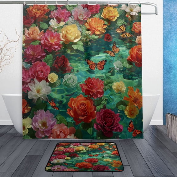 TTYFWHD 60" x 72" Shower Curtain and Bath Mat Set Beautiful Flowers Of Colors Waterproof Bathroom Curtain with 12 Hooks, Bathroom Decor Set