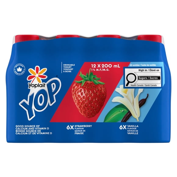 Yoplait Yop 1% Drinkable Yogurt, Strawberry and Vanilla, Yogurt Drinks, 12x200ml