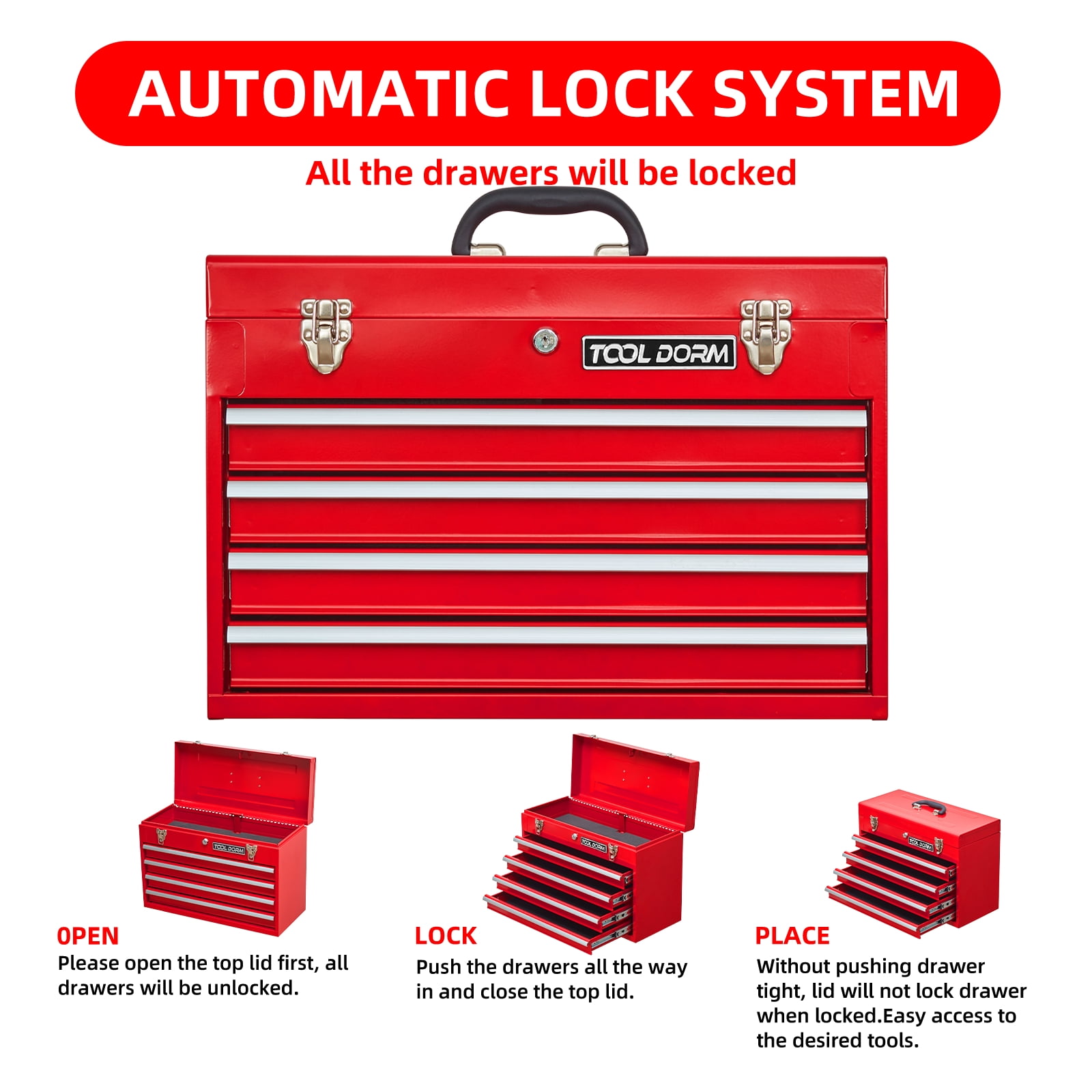 Metal Tool Box with 4 Drawers Portable Steel Tool Chest with Metal Cylinder Lock and Latch Closure, Liner, Red Powder Coating, Suitable for Garage, Warehouse and Outdoor