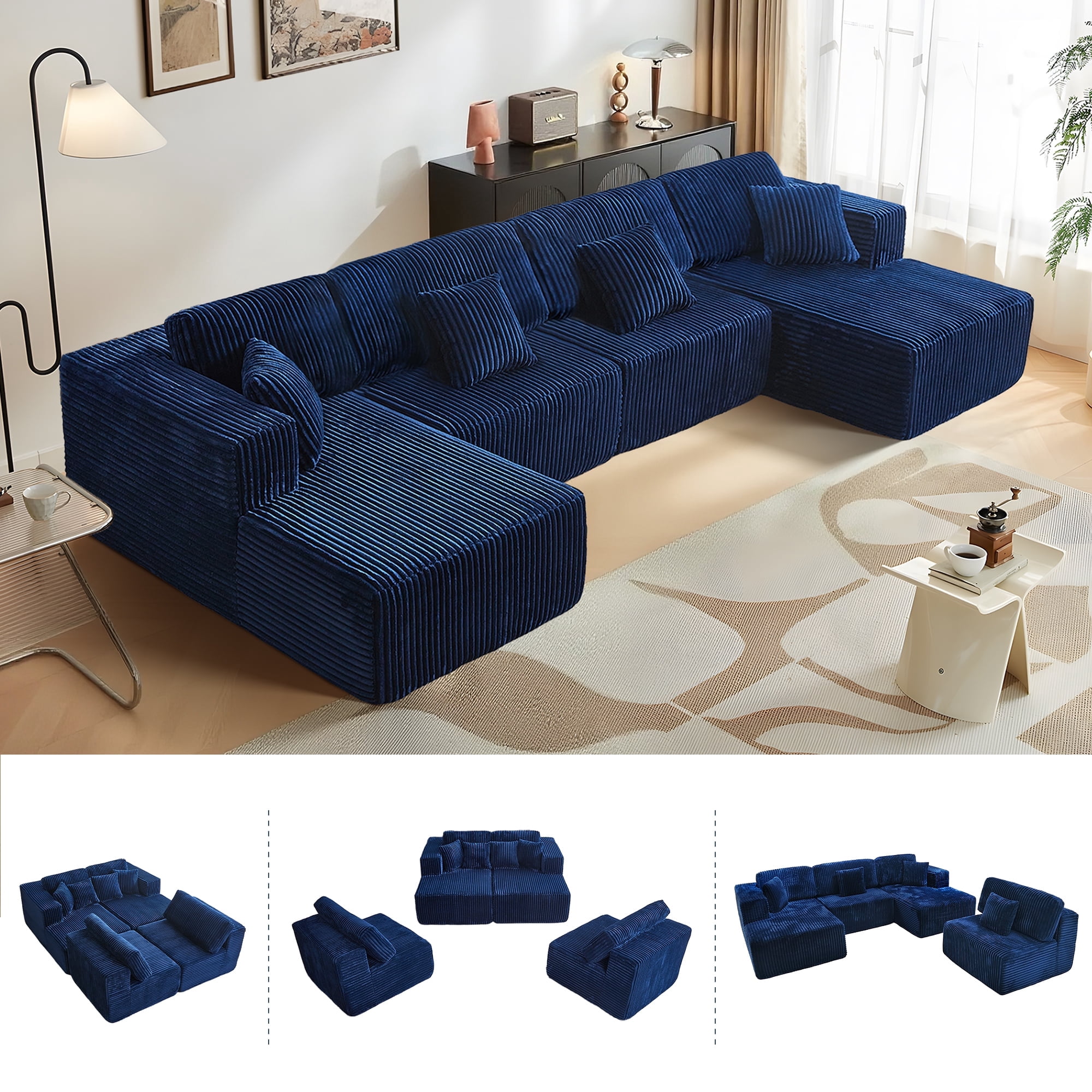 HONBAY Modular Sectional Sleeper Sofa Bed With Storage Ottoman | U-Shaped Corduroy Pull-Out Couch, Blue