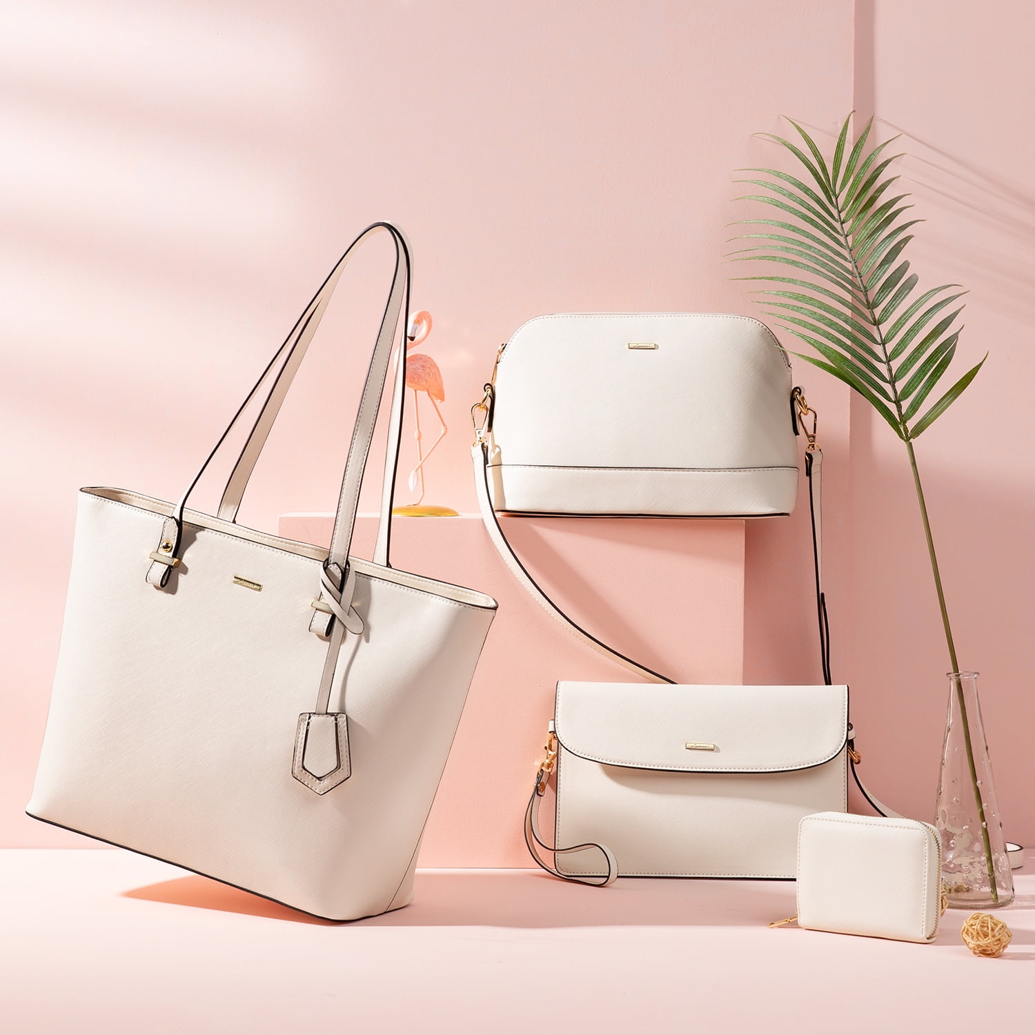 Lovevook Purses and Handbags for Women, Fashion Tote Satchel Shoulder Bag,Top Handle Satchel Bags Purse Set- 3pcs & Beige
