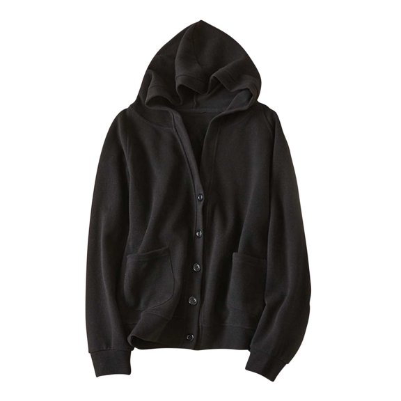 JGGSPWM Women's Solid Color Hooded Cardigan Knitted Jacket Autumn Spliced Button Pocket Fashion Loose Long Sleeve Coat Black XL