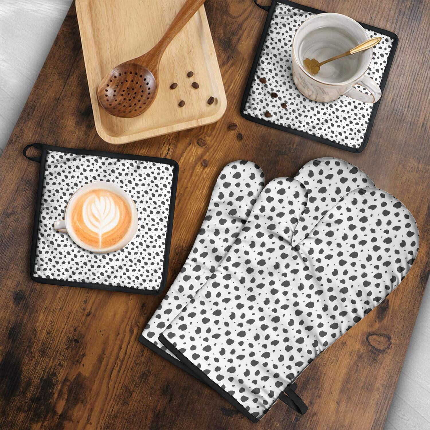 Leopard Print Oven Mitts and Pot Holders Set Of 4, Heat Resistant Kitchen Gloves with Non-Slip Grip, Hanging Loop, Soft Cotton Lining for Baking, Cooking, Grilling, Barbecue