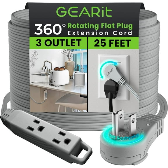 GEARit 360 Rotating Flat Plug Extension Cord with 3 Outlets (25ft, Gray) Outlet Saver for Home Office Dorm Room Essentials, ETL Certified