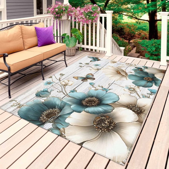 Teal Tulip Butterfly Outdoor Rug 5x8 Ft, Non Slip Washable Area Rug, Beige Turquoise Floral Grey Wooden Patio Rugs Carpet Runner, Large Floor Mat for Indoor/Outdoor Deck Porch Camping