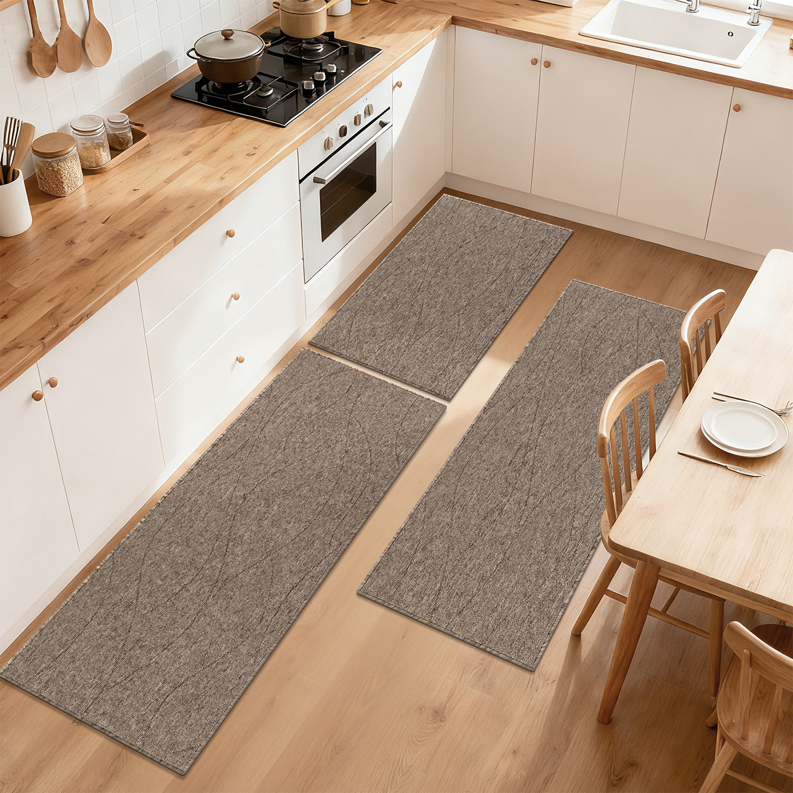 MeyJey Geometric Lines Kitchen Rugs Sets of 3, Non Slip Washable Kitchen Mats for Floor, Brown