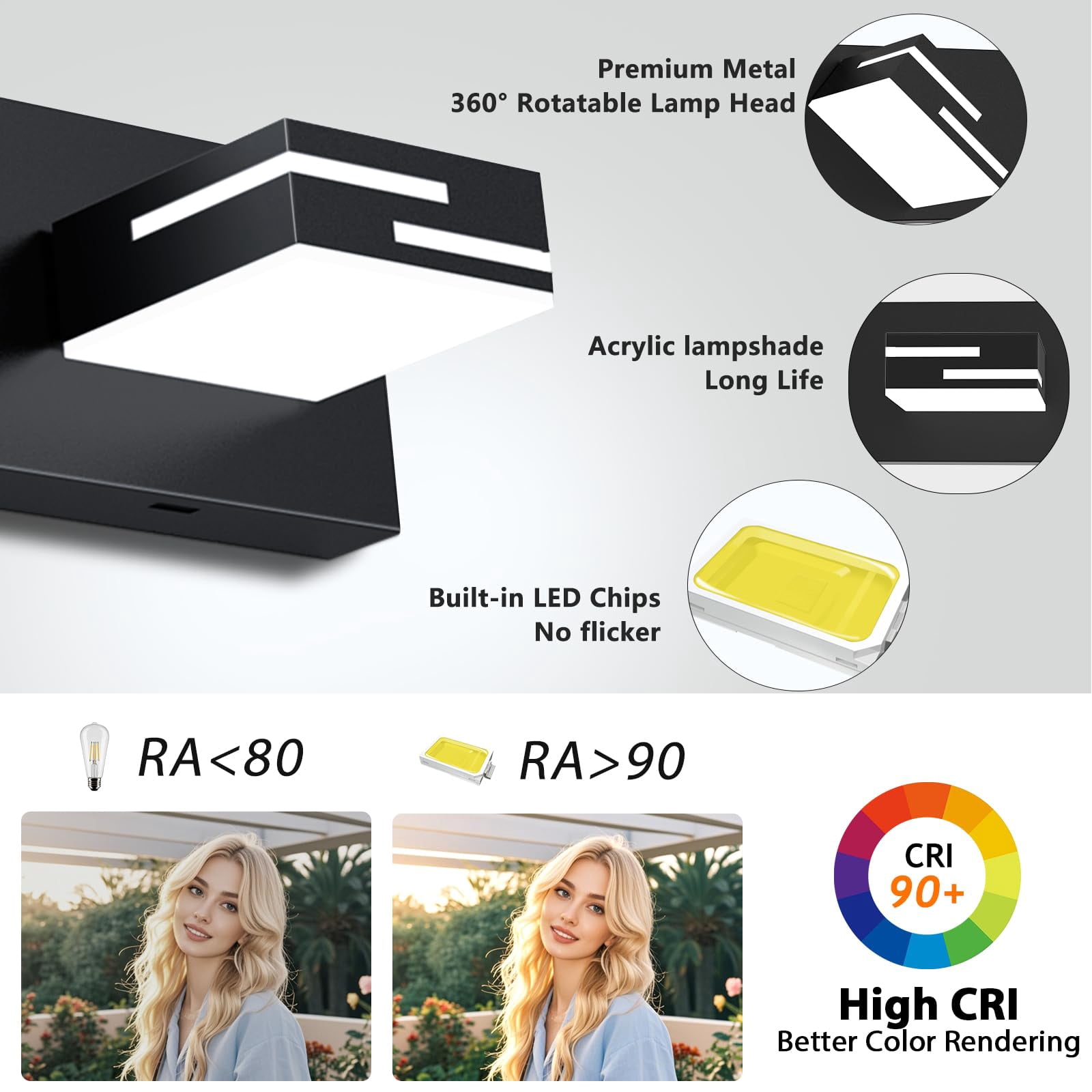 Led Modern Bathroom Vanity Light Fixtures 3-light 22-inch 5cct Dimmable Matte Black Lights For Lighting Over Mirror  With 360° Rotatable Acrylic Heads